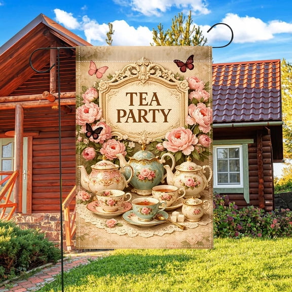 Vintage Rose Tea Party Butterfly Retro Decor Lover Garden Flag, 12x18 Inch, Double Sided 2D Print, No Flagpole, Outdoor Yard Patio Holiday Decor