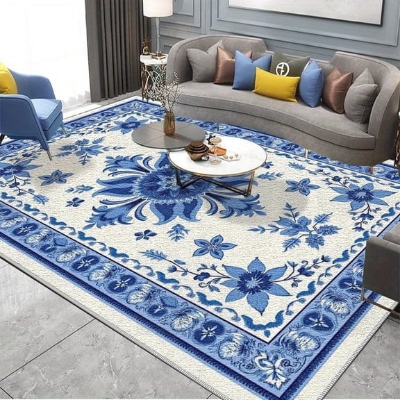 1PC Blue and White Patterned Area Rug Local Rug, Lightweight Washable Easy-to-Care Carpet Mat Festival Gift, Suitable for Living Room, Bedroom, Dining Room, Office, Balcony, Room Accessories
