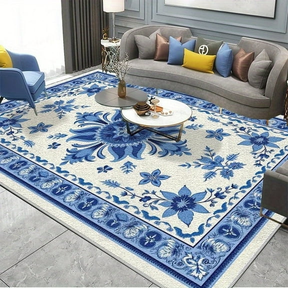 1PC Blue and White Patterned Area Rug Local Rug, Lightweight Washable Easy-to-Care Carpet Mat Festival Gift, Suitable for Living Room, Bedroom, Dining Room, Office, Balcony, Room Accessories