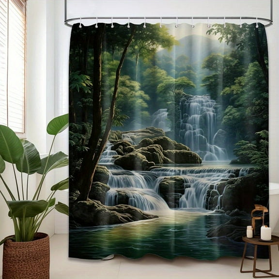 1PC, Waterfall Shower Curtain Rainforest Nature Scenic Outdoor Landscape Bathroom Decor, Fabric with Hooks