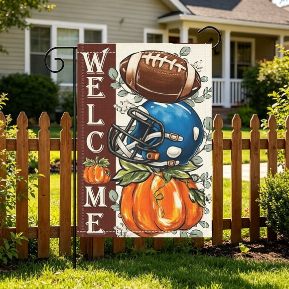 1PC Welcome Fall American Football Pumpkin Garden Flag, Double Sided 2D Printed, Lawn Holiday Decor, Christmas Thanksgiving Gift, No Flagpole
