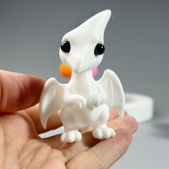 1PC White Pterosaur 7CM 3D printed Q-version dinosaur figurine with joints and movable crystal dragon.