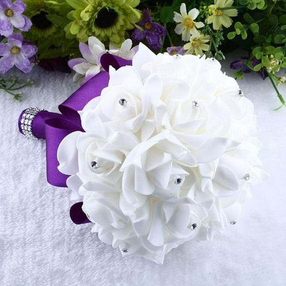 1PC White Wedding Bouquet Bridesmaid Bouquet with Blue Silk ,Pearl and Crystal Wedding Bouquet for Bridal Party, Anniversary & Ceremony Decor,Purple