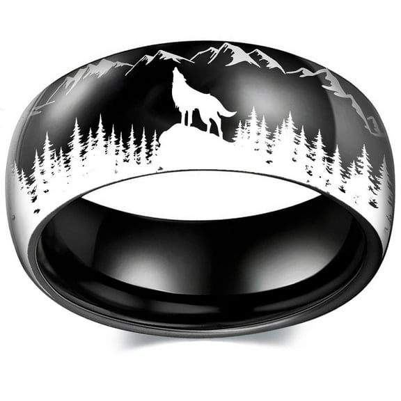 1PC Wolf Ring -Unique Outdoor Pattern, Durable Stainless Steel, Fashionable MensSSSORY -Sleek Black Silvery Color Finish,Black Color,10