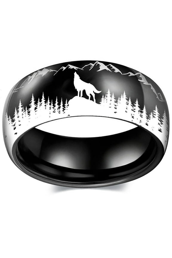 1PC Wolf Ring -Unique Outdoor Pattern, Durable Stainless Steel, Fashionable MensSSSORY -Sleek Black Silvery Color Finish,Black Color,13