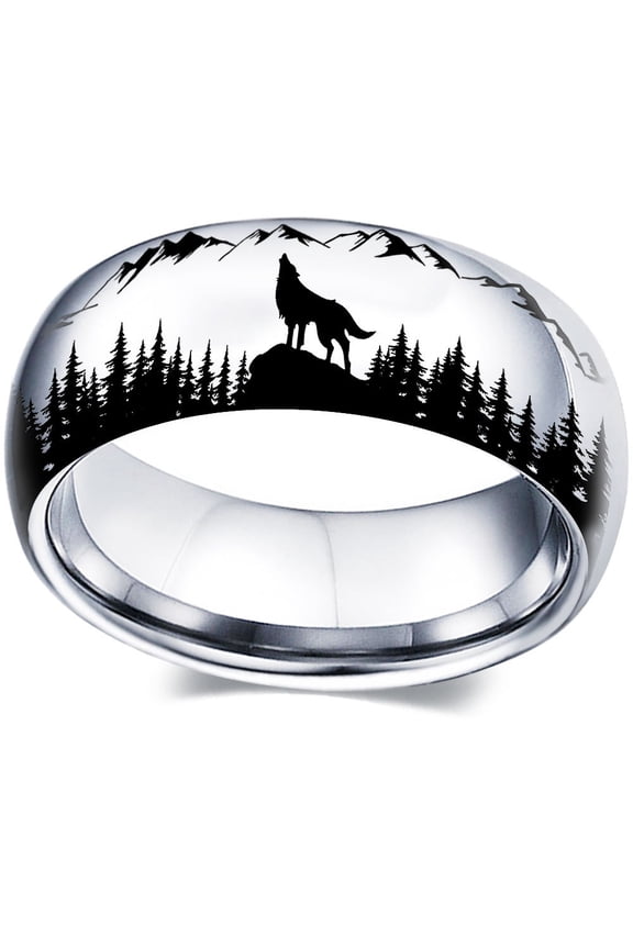 1PC Wolf Ring -Unique Outdoor Pattern, Durable Stainless Steel, Fashionable MensSSSORY -Sleek Black Silvery Color Finish,Silvery,11