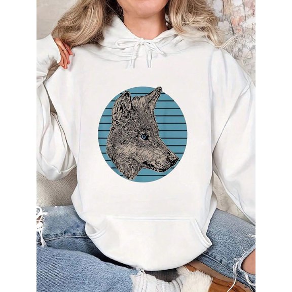 1PC Women's 100% Polyester Hoodie With "Wolf Head" Wildlife Pattern Front Pocket Drawstring Thermal Lined Hoodie, Long Sleeve Casual Sweatshirt For Nature Lovers, Perfect Gift For Animal Enthusiasts