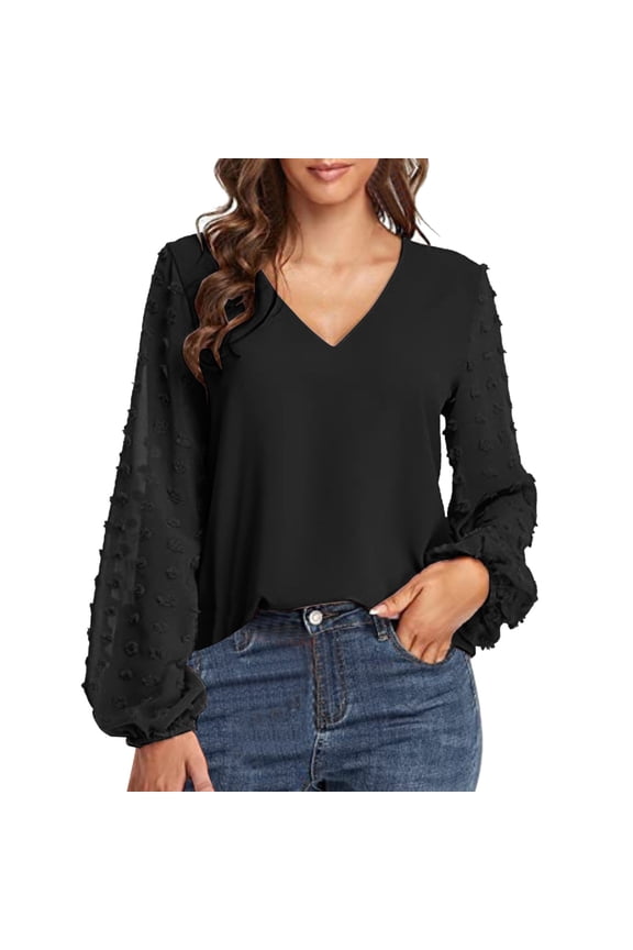 1PC Women's Spring Summer V-Neck Chiffon Blouse - Long Puff Sleeves with Textured Details, Lightweight Breathable Flowy Top for Casual Office Wear