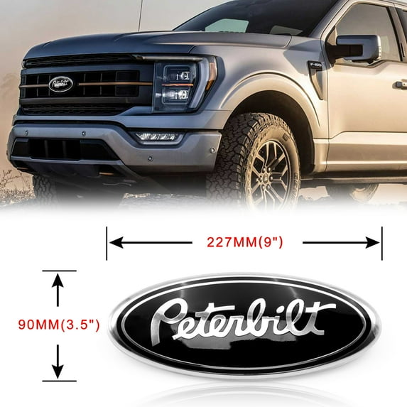 1PC Word Peterbilt Oval 9" ABS Aluminum Emblem for F150 Car Truck Front Grille Grill Hood Trunk Emblem Badge 4L34-15402A-CA Black Silver 227x90mm