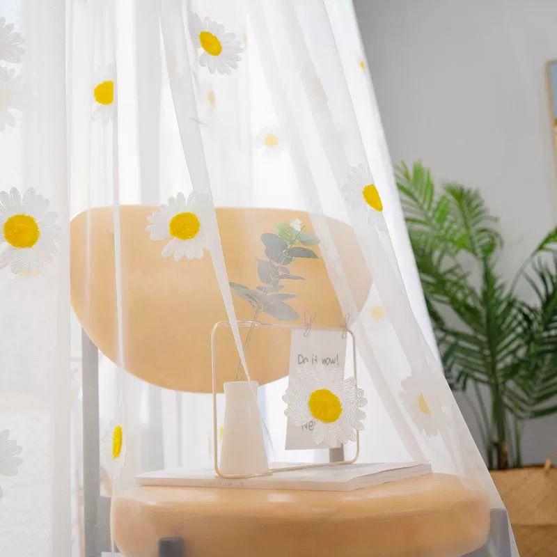 1PC Yellow Daisy Embroidery Window Tulle Curtains For Living Room