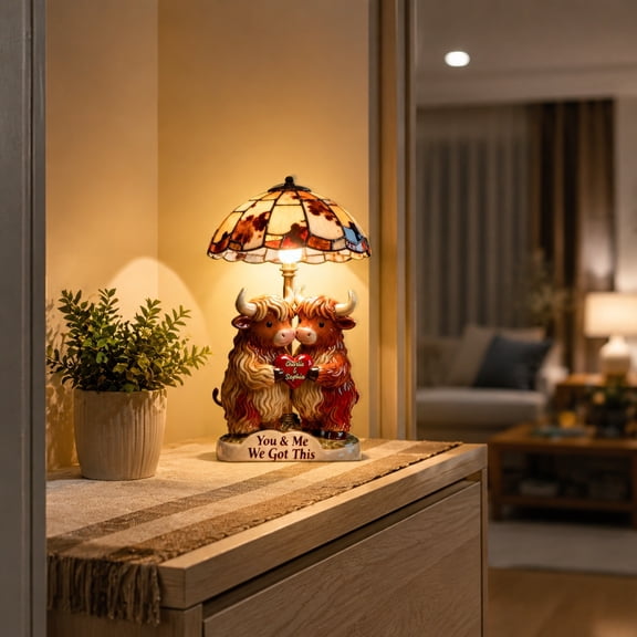 1PC "You & Me We Got This" Highland Cow Night Light, Highland Cow Couple Holding Heart Table Lamp, Warm Ambient Night Light for Bedroom Living Room Home Decor