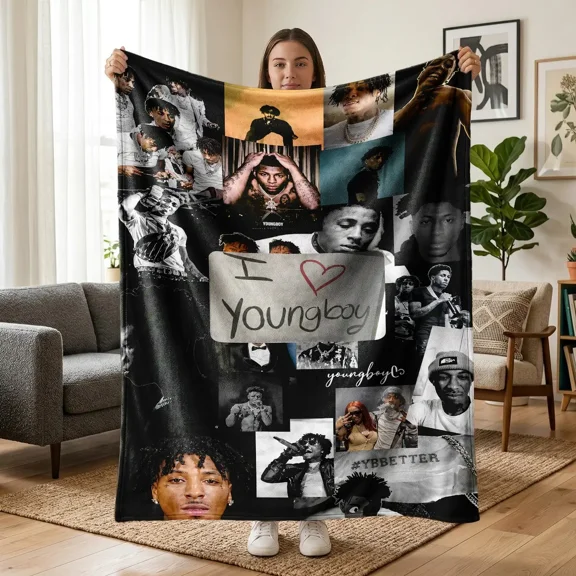 1PC YoungBoy Rapper Black White Collage Flannel Fleece Throw Blanket, Multi Shot Portrait I Love YoungBoy Hip Hop Poster Pattern, Soft Cozy Warm Blanket for Sofa Bed Office Camping