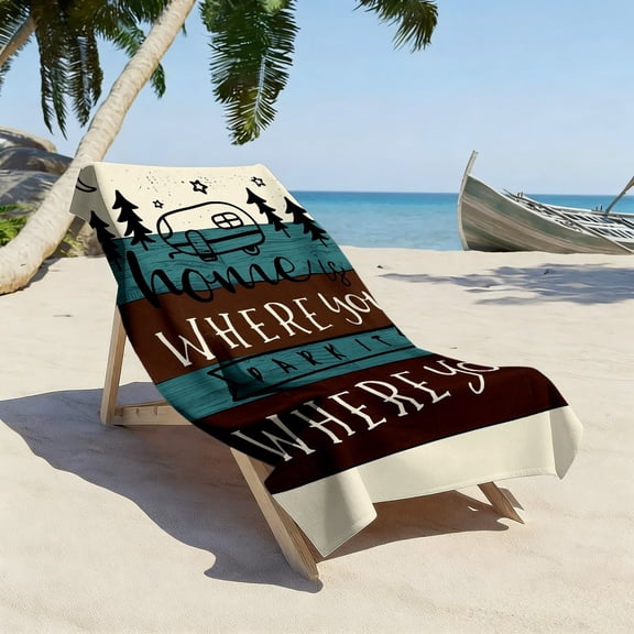 1PC, camping wind RV forest elements, oversized soft beach towel, simple line printing pattern, super water absorption, suitable for seaside vacation, outdoor picnic, camping and rest scenes