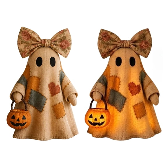 1PCS 13.78 inch Lighted Vintage Patchwork Ghost, Generic Halloween Decor, Cute Non-Scary Patchwork Ghost Lamp with LED, for Home Office Tabletop Shelf Mantel Tiered Tray & Spirit House,1 PCS