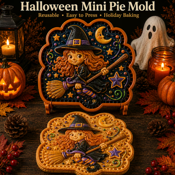 1PCS 2026 Halloween Mini Pie Mold Collection, Flying Witch Press Mold for Embossed Halloween Mini Pie Crust Home Baking