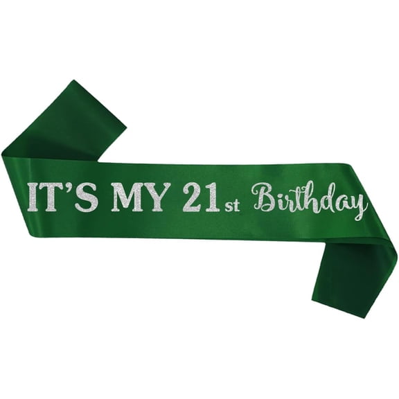 1PCS 21st Birthday Sash, Green Satin Sash with Silver Glitter Lettering, It's My 21st Birthday Party Accessory