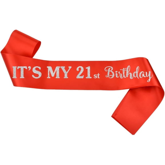 1PCS 21st Birthday Sash, Red Satin Sash with Silver Glitter Lettering, It's My 21st Birthday Party Accessory