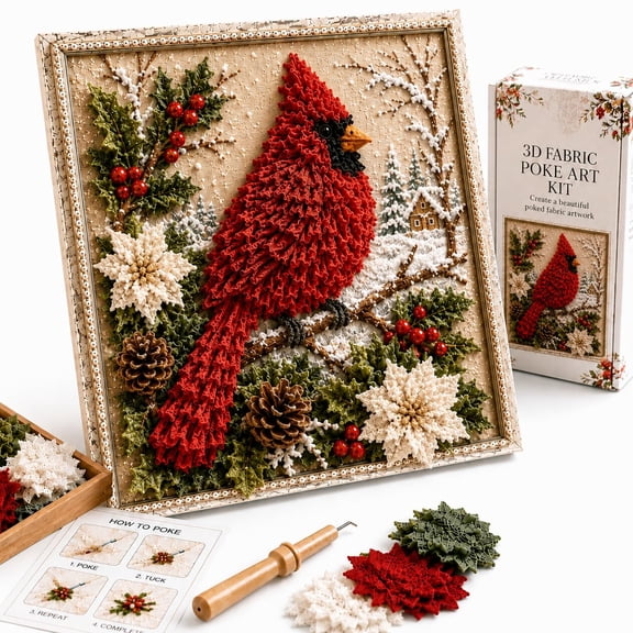 1PCS 3D Christmas Fabric Poke Art Kit, snowy forest red bird embroidery kit, antique‑style finished frame decor, peaceful adult hand‑craft activity, rustic seasonal wall hanging gift