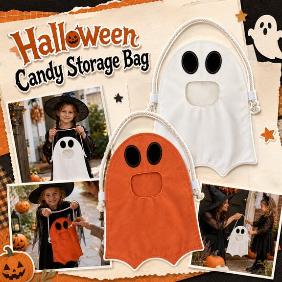 1PCS 3D Ghost Shaped Canvas Drawstring Storage Bag, 11.73 Inch Large Halloween Spooky Treat Carrier Pouch with Front Window (White)