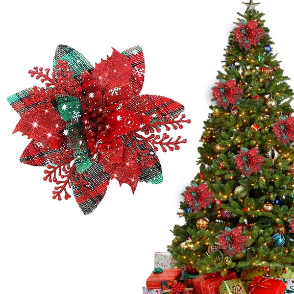 1PCS 5.7” Pink Glitter Poinsettia – Artificial Christmas Flower for Tree, Wreath, Garland, DIY Holiday Décor