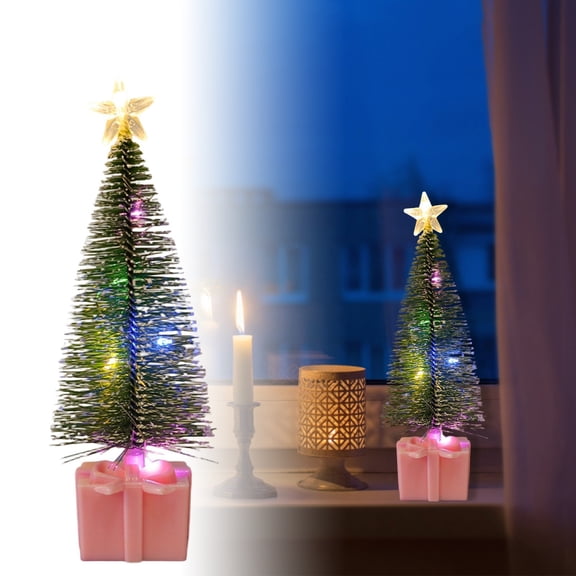 1PCS 6.37 Inch Mini Christmas Tree with Colorful LED Lights, Pre-Lit Tabletop Artificial Pine Needle Tree with Pink Gift Base, Battery Operated Holiday Centerpiece for Home Decor