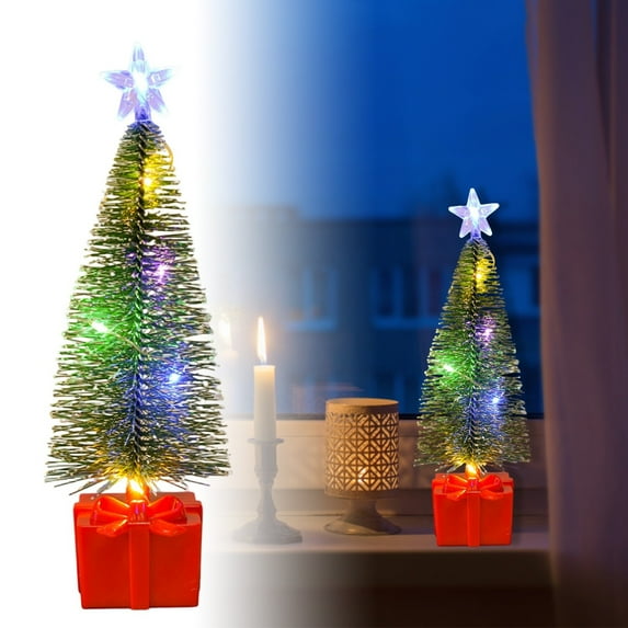 1PCS 6.37 Inch Mini Christmas Tree with Colorful LED Lights, Pre-Lit Tabletop Artificial Pine Needle Tree with Red Gift Base, Battery Operated Holiday Centerpiece for Home Decor
