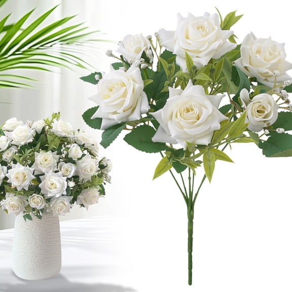 1PCS 7-Head Roses Artificial Flowers 12.2*6.69Inch Velvet Flowers with Long Stem Fake Roses for Valentine's Day, Wedding Bridal Bouquets, Floral Arrangement, Table Centerpieces,White