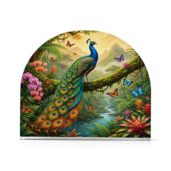 1PCS Acrylic Napkin Holder Holds 50-60 Napkins for Tables Kitchen Decorative Paper Tissue Organization Peacocks in The Rainforest