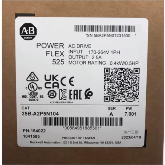1PCS Allen Bradley 25B-A2P5N104 Ser A PowerFlex 525 AC Drive 0.4kW 0.5Hp, New Sealed