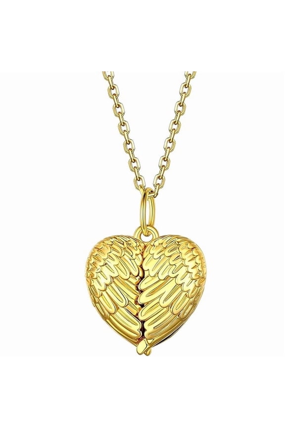 1PCS Angel Wings Necklace, Dainty Cute Small Heart Locket Pendant, Sterling Silver Heart Locket Necklace Personalized Memorial Jewelry Gifts for Mom, Love Statement Jewelry Gift for Wife(Gold)
