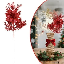 1PCS Artificial Glitter Stem Ornaments - 10.62 Inch Fake Christmas Picks Decorations with Poinsettia Flowers,Bead Sticks for DIY Christmas Tree,Wreath,Wedding & Small Vase Decor,Red