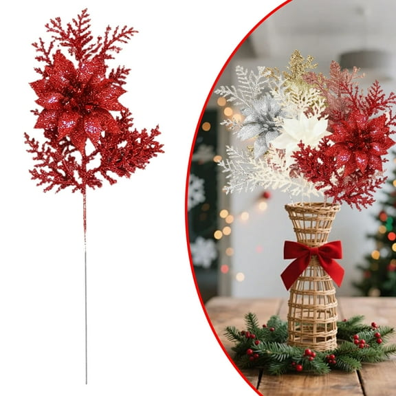 1PCS Artificial Glitter Stem Ornaments - 10.62 Inch Fake Christmas Picks Decorations with Poinsettia Flowers,Bead Sticks for DIY Christmas Tree,Wreath,Wedding & Small Vase Decor,Red