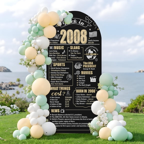 1PCS Back in 2008 18th Birthday Decorations, Black Gold 18 Year Old Bday Backdrop Sign, Milk Silk Fabric Arch Door Cover for Men Women, 18th Birthday Party Supplies Indoor Outdoor 3.9x1.6FT