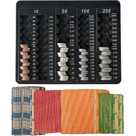 1PCS Black Coin Counter Tray -Change Counter Coin Counting and Sorting Tray with 150 Assort Coin Wrappers Included-5 Compartments Slots for Organization Pennies, Nickels, Dimes, and Quarters