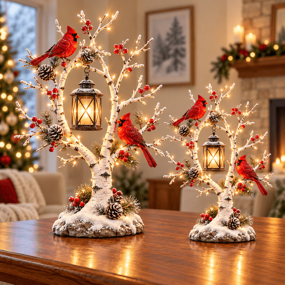 1PCS Cardinal Winter Lantern Tree, Lighted Snowy Birch Tree with Red Cardinals and Hanging Lantern, Warm Glowing Christmas Tabletop Decoration with Pinecones and Red Berries for Winter