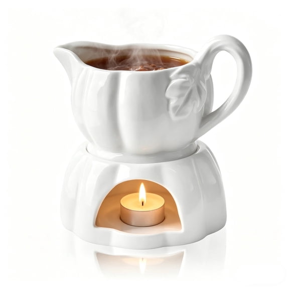 Waxgamo Gravy Boat with Warmer, 16.2Oz Pumpkin Dripless Gravy Bowl with Handle & Spout for Salad Dressings Milk, Warming Sauces, Creamer, Broth, Black Pepper