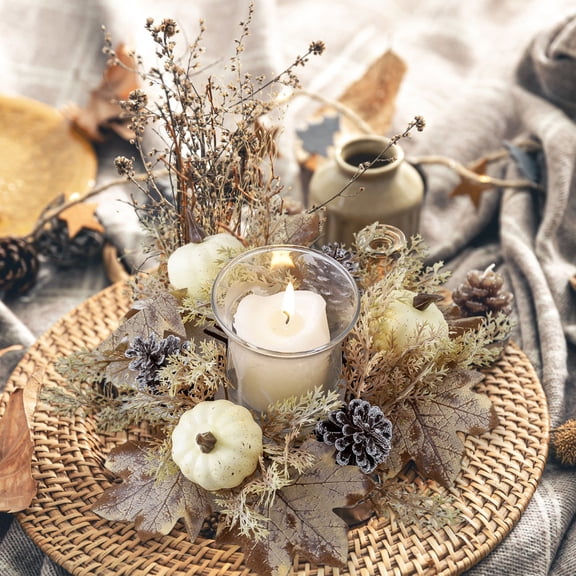 1PCS Christmas Simulated Pumpkin Pinecone Candle Rings Wreaths,Xmas Wreaths Table Centerpieces Mini Rings Wreaths Candle for Pillars Window Chair Wall Home Decor(White)