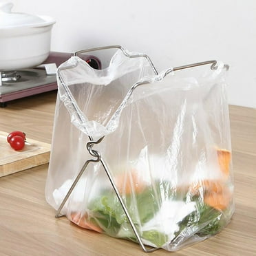 1PCS Countertop Folding Trash Bag Holder, Stainless Steel Garbage Bag Support Stand Portable Metal Trash Bag Bracket, Foldable Counter Top Plastic Bag Holders for Kitchen Garden Yard Indoor Outdoor