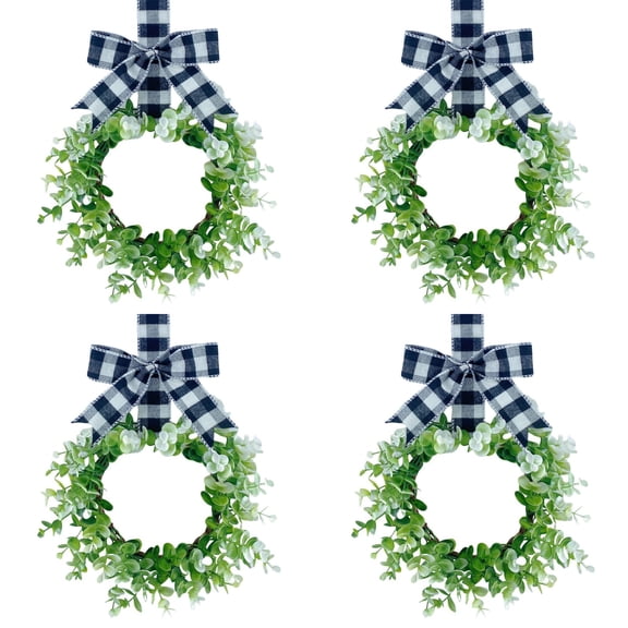 1PCS Cozy Farmhouse Mini Christmas Wreath 10" — Burlap & Plaid Bow Hanging Cabinet Wreath, Rustic Holiday Greenery for Windows, Doors & Kitchen Decor