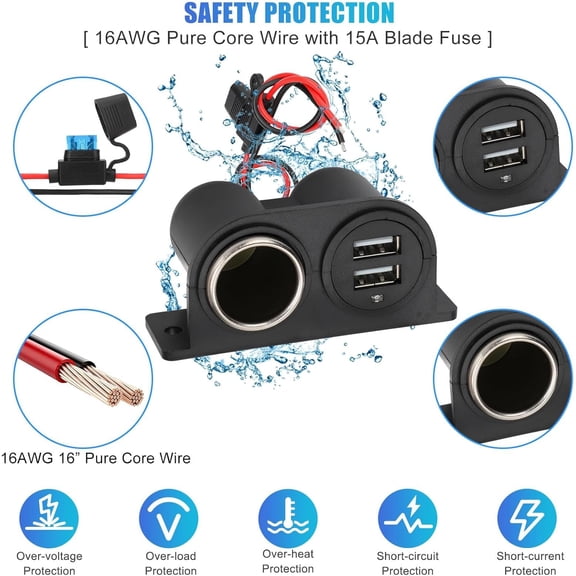 1PCS Dual USB Outlet Cigarette Lighter Socket Splitter with Blade Fuse, 12V 4.2A Car Charger Power Adapter Replacement Waterproof Plug Female 21W for RV Marine Boat Motorcycle Truck ATV UTV Van etc
