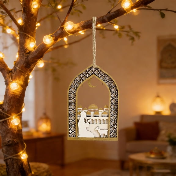 1PCS Eid Mubarak Door Sign Decoration,Eid Mubarak Wooden Pendant,Moon Camel Arch Shaped Pendant,Handcrafted Wooden Ramadan Hanging Decoration,For Home Office Display Decor