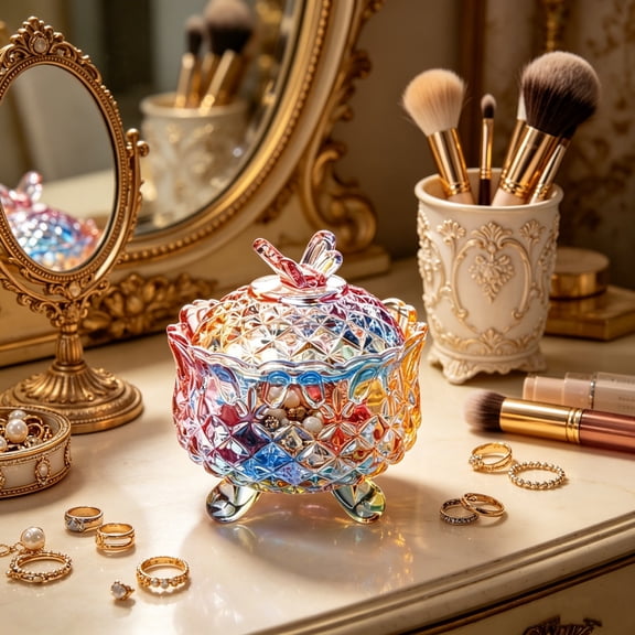 1PCS Embossed Glass Candy Box with Lid Footed Jewelry Bowl Wedding Buffet Kitchen Storage Jar, 10 oz