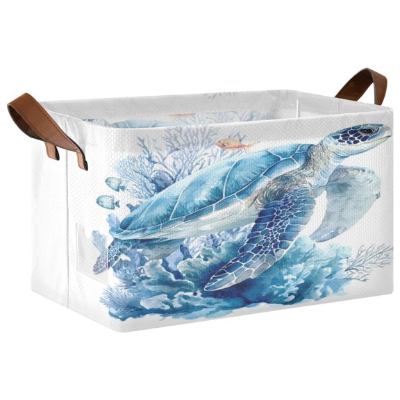 1PCS Fabric Storage Baskets with Iron Frame Foldable Storage Bins with Handles for Shelves Blue Sea Turtle Pattern M