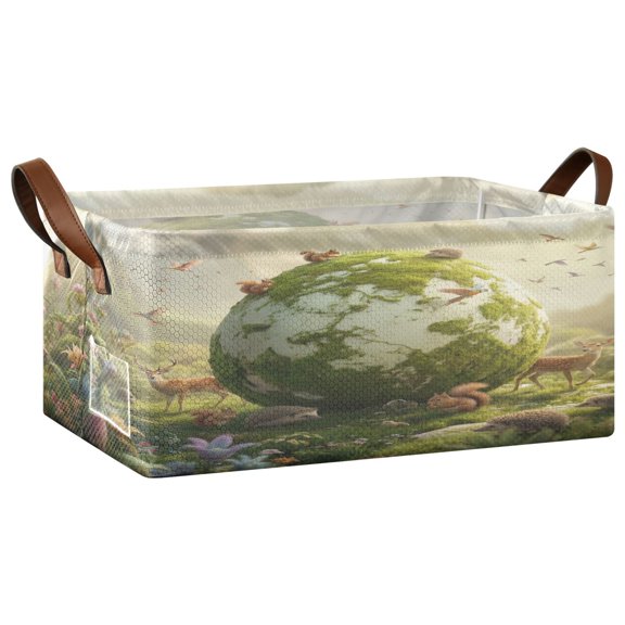 1PCS Fabric Storage Baskets with Iron Frame Foldable Storage Bins with Handles for Shelves Giant Egg with Green Moss S