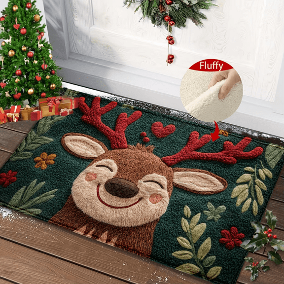1PCS Fluffy Christmas Deer Microfiber Bath Mat - Quick-Dry & Absorbent, Festive Holiday Design with Red Berries & Green Leaves