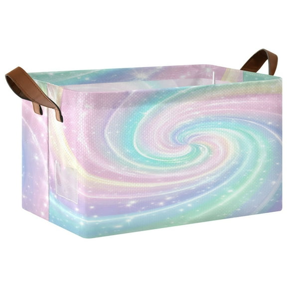 1PCS Foldable Storage Basket with Metal Frame Collapsible Organizer Bin Open Basket Bins for Laundry, Toys, Clothes Cute Pastel Rainbow Swirl