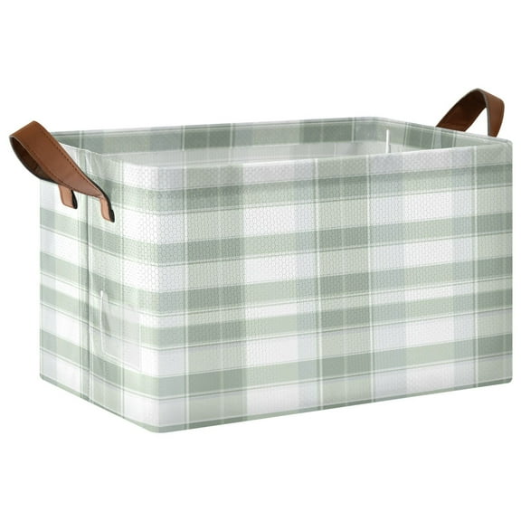 1PCS Foldable Storage Basket with Metal Frame Collapsible Organizer Bin Open Basket Bins for Laundry, Toys, Clothes Gray and Green Plaid