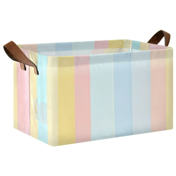 1PCS Foldable Storage Basket with Metal Frame Collapsible Organizer Bin Open Basket Bins for Laundry, Toys, Clothes Pastel Background with Stripes