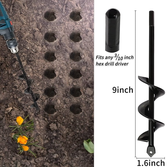 1PCS Garden Auger Drill Bit for Planting  1.6x9 Inch Garden Auger,Rapid Planter Bulb & Bedding Plant Auger for 3/8" Hex Drive Drill for Tulips