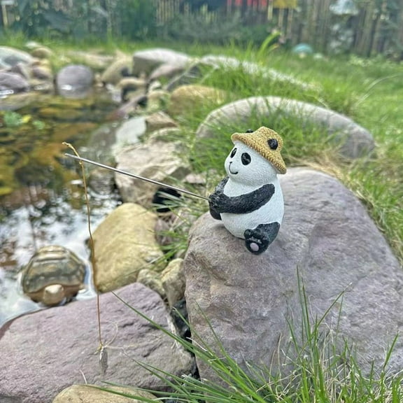 1PCS Garden Decor Panda Statue,Panda Fishing Figurine,Decoration Thanksgiving Birthday Housewarming Gift for Patio Yard Lawn Ornament,Black